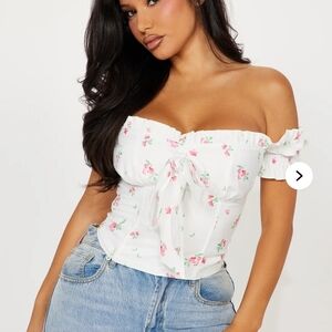 Fashion Nova White and Pink Puff Sleeve Tie Front Blouse